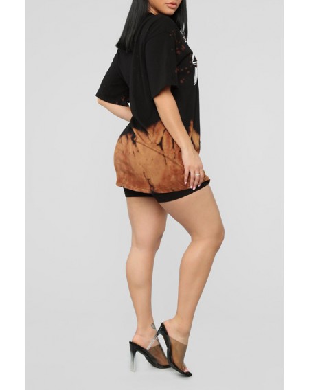 Lovely Casual O Neck Letter Printed Black Two-piece Shorts Set