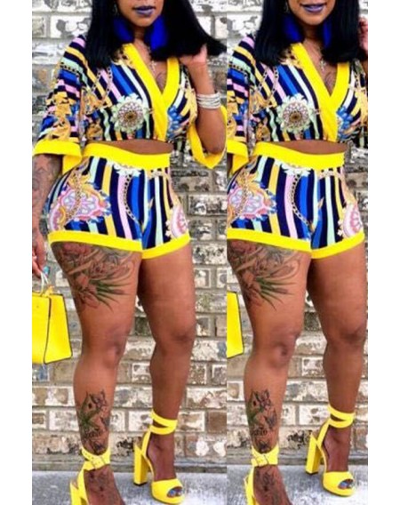 Lovely Casual V Neck Printed Yellow Two-piece Shorts Set