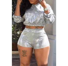 Lovely Trendy Crop Top Silver Two-piece Shorts Set