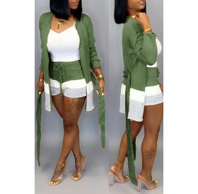 Lovely Casual Patchwork Green Two-piece Shorts Set(Without Tank Top)