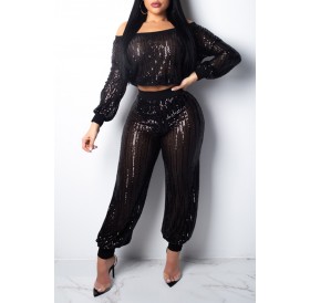 Lovely Sexy Dew Shoulder Black Two-piece Pants Set