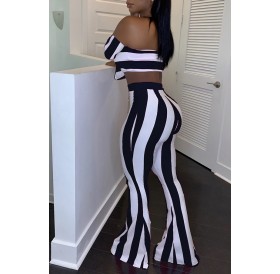 Lovely Trendy Off The Shoulder Striped Printed Black Two-piece Pants Set