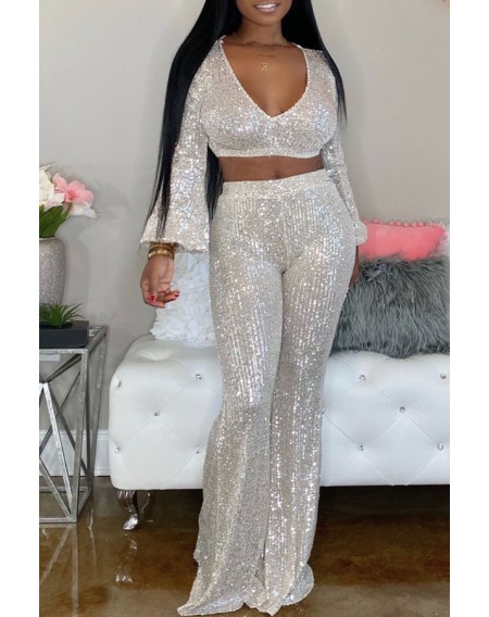 Lovely Trendy Crop Top Silver Two-piece Pants Set