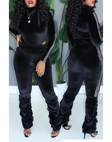 Lovely Trendy Ruffle Design Black Two-piece Pants Set