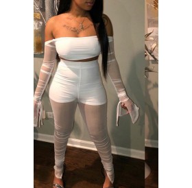 Lovely Sexy Dew Shoulder See-through White Two-piece Pants Set