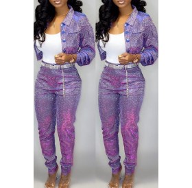Lovely Casual Buttons Design Purple Two-piece Pants Set