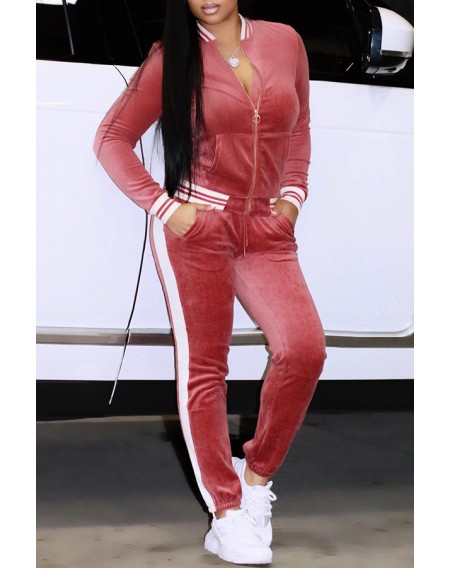Lovely Trendy Zipper Design Pink Two-piece Pants Set