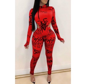 Lovely Chic Letter Printed Skinny Red Two-piece Pants Set