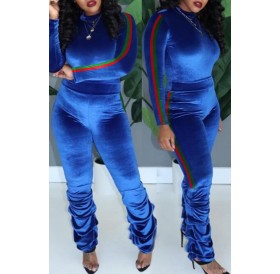 Lovely Trendy Ruffle Design Blue Two-piece Pants Set