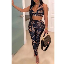 Lovely Sexy Sleeveless Printed Dark Blue Two-piece Pants Set