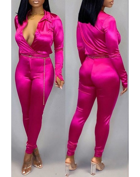 Lovely Trendy Deep V Neck Rose Red Two-piece Pants Set