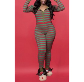 Lovely Christmas Day Striped Green One-piece Jumpsuit