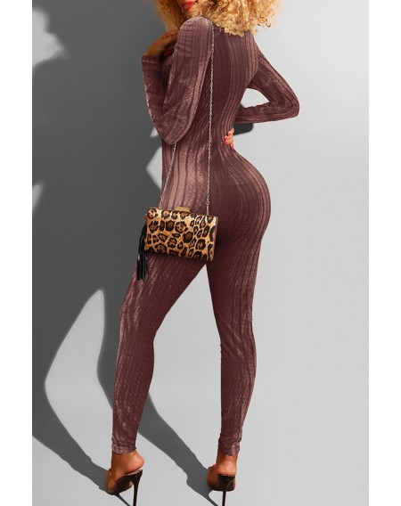 Lovely Casual Zipper Striped Wine Red One-piece Jumpsuit