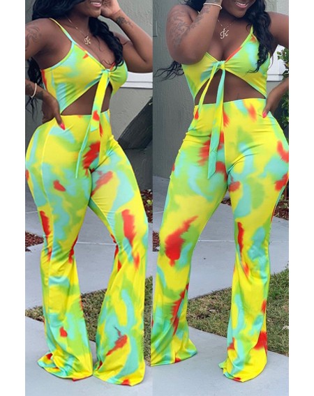 Lovely Sexy Spaghetti Straps Printed Yellow One-piece Jumpsuit