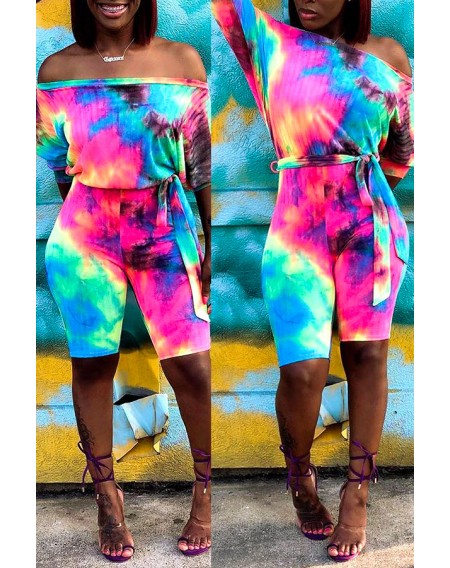 Lovely Casual Off The Shoulder Tie-dye Printed Multicolor One-piece Romper
