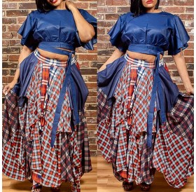 Lovely Casual Plaid Printed Blue Plus Size Two-piece Skirt Set