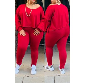 Lovely Casual O Neck Asymmetrical Red Plus Size Two-Piece Pants Set