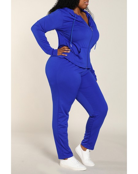 Lovely Casual Zipper Design Basic Blue Plus Size Two-piece Pants Set