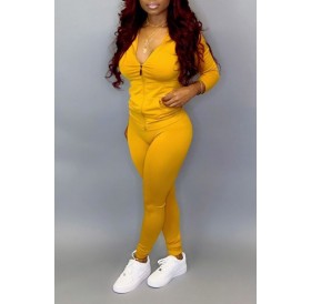 Lovely Casual Zipper Design Basic Yellow Plus Size Two-piece Pants Set