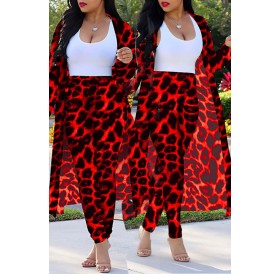 Lovely Casual Leopard Printed Red Plus Size Two-piece Pants Set(Without Tank Top)