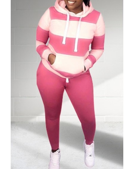 Lovely Casual Patchwork Pink Plus Size Two-piece Pants Set