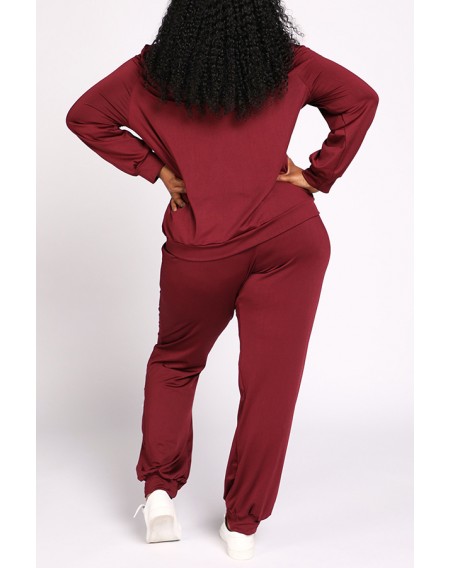 Lovely Casual Hooded Collar Patchwork Wine Red Plus Size Two-piece Pants Set