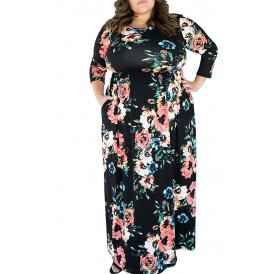 Lovely Casual O Neck Printed Black Floor Length Plus Size Dress