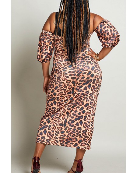 Lovely Chic Leopard Printed Hollow-out Multicolor Mid Calf Plus Size Dress