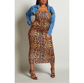 Lovely Sexy Spaghetti Straps Leopard Printed Ankle Length Sheath Plus Size Dress