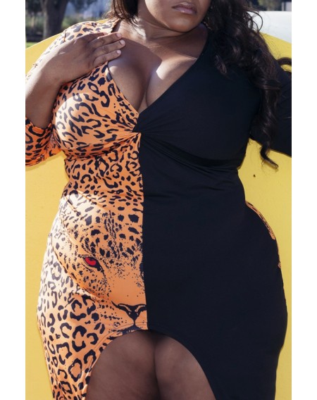 Lovely Leisure Leopard Printed Brown Knee Length Plus Size Dress