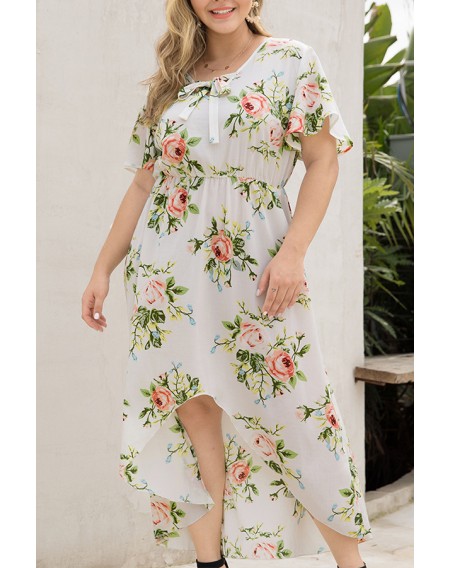 Lovely Bohemian O Neck Printed Asymmetrical White Knee Length A Line Plus Size Dress