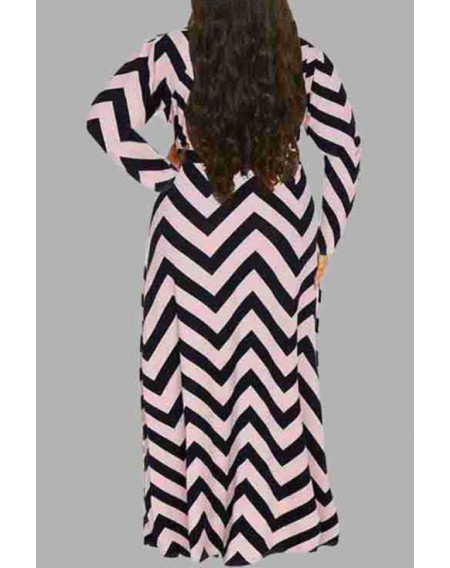 Lovely Casual V Neck Striped Printed Floor Length Plus Size Dress