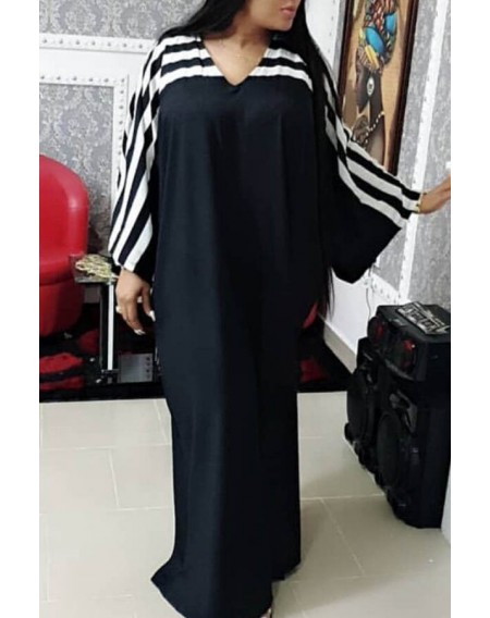 Lovely Casual V Neck Patchwork Black Floor Length Plus Size Dress