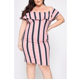 Lovely Stylish Off The Shoulder Striped Pink Knee Length Plus Size Dress