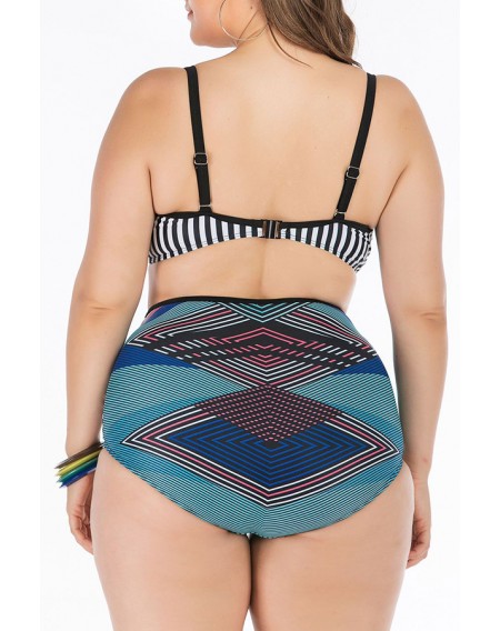 Lovely Striped Blue Plus Size Two-piece Swimwear