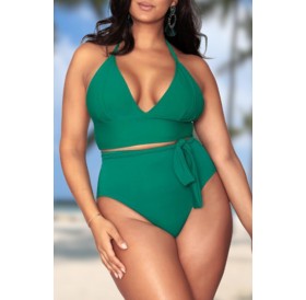 Lovely V Neck Green Plus Size Two-piece Swimwear