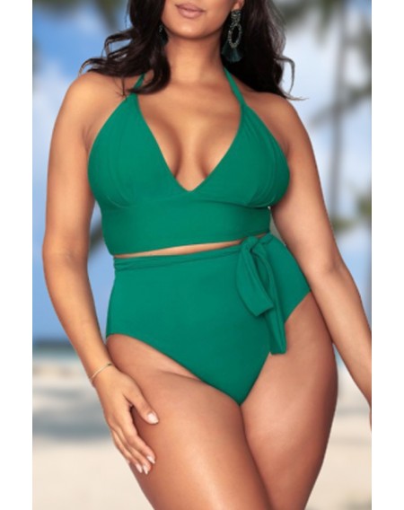 Lovely V Neck Green Plus Size Two-piece Swimwear