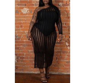 Lovely Sexy One Shoulder Hollow-out Black Plus Size Cover-up