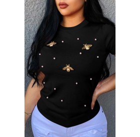 Lovely Leisure Pearls Decoration Black T-shirt
