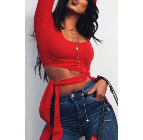 Lovely Casual O Neck Lace-up Red T-shirt