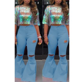 Lovely Casual Mid Waist Broken Holes Baby Blue Pants