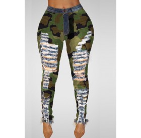 Lovely Casual Broken Holes Camouflage Printed Jeans