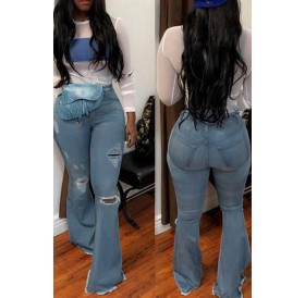 Lovely Casual Trumpet-shaped Broken Holes Baby Blue Jeans (With High-elastic)