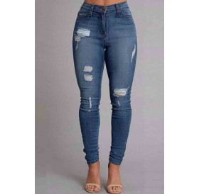 Lovely Trendy Broken Holes Skinny Blue Jeans