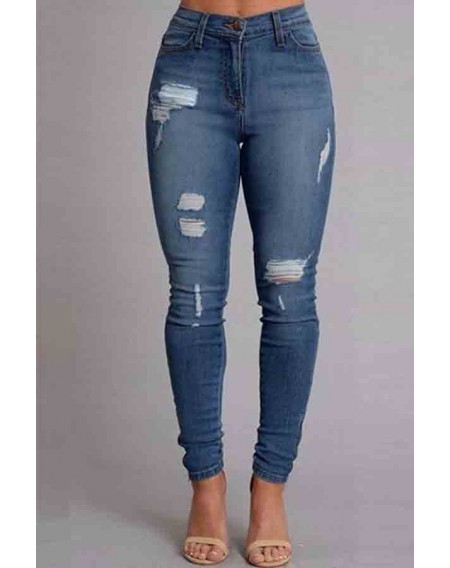 Lovely Trendy Broken Holes Skinny Blue Jeans
