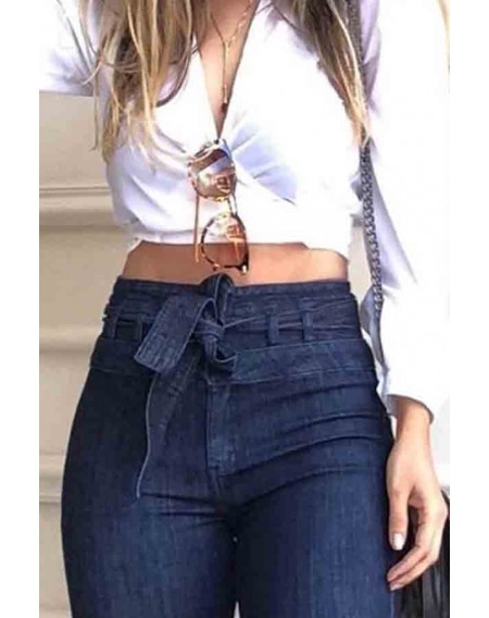 Lovely Retro Lace-up Dark Blue Jeans