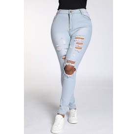 Lovely Casual Broken Holes Baby Blue Jeans