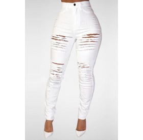 Lovely Trendy High Waist Broken Holes White Denim Skinny Jeans