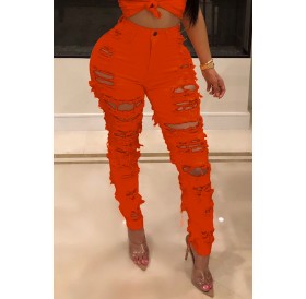Lovely Sexy High Waist Hollow-out Orange Jeans