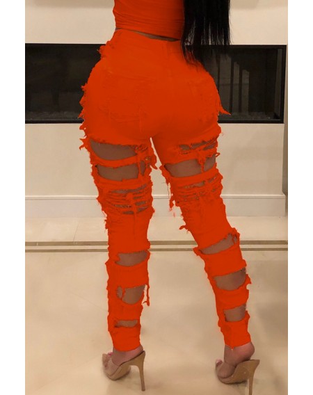 Lovely Sexy High Waist Hollow-out Orange Jeans